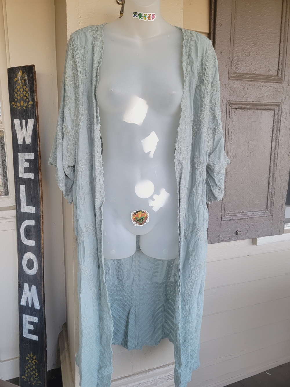 Woven Heart Light Seafoam Green Open Front Embroidered Kimono Top Jacket